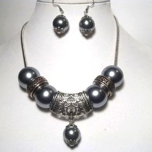 Heart Scarf Bail Pendant and Dark Gray Pearl Beaded Necklace and Earring Set